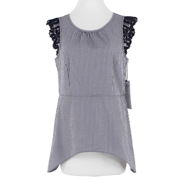 Cabi NEW $92 Sz S Navy Blue White Stripe Lace Cap Sleeve Cotton Blend Top