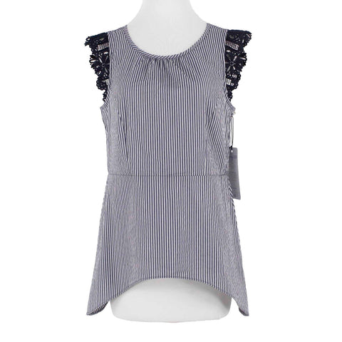 Cabi NEW $92 Sz S Navy Blue White Stripe Lace Cap Sleeve Cotton Blend Top