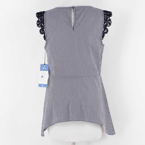 Cabi NEW $92 Sz S Navy Blue White Stripe Lace Cap Sleeve Cotton Blend Top