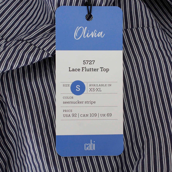 Cabi NEW $92 Sz S Navy Blue White Stripe Lace Cap Sleeve Cotton Blend Top