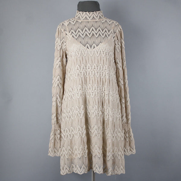 Free People Sz S Light Tan Brown Collar Lace Lined 100% Polyester Viscose Dress