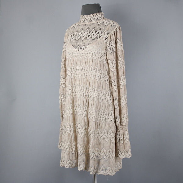 Free People Sz S Light Tan Brown Collar Lace Lined 100% Polyester Viscose Dress