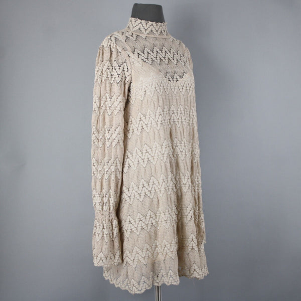 Free People Sz S Light Tan Brown Collar Lace Lined 100% Polyester Viscose Dress