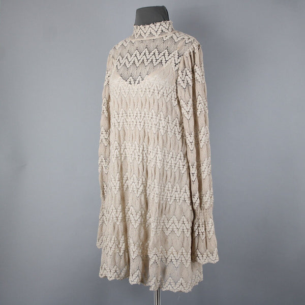 Free People Sz S Light Tan Brown Collar Lace Lined 100% Polyester Viscose Dress