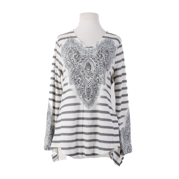 Live And Let Live Sz M White Gray Stripped Embellished Poly Rayon Top