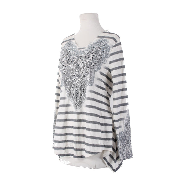 Live And Let Live Sz M White Gray Stripped Embellished Poly Rayon Top