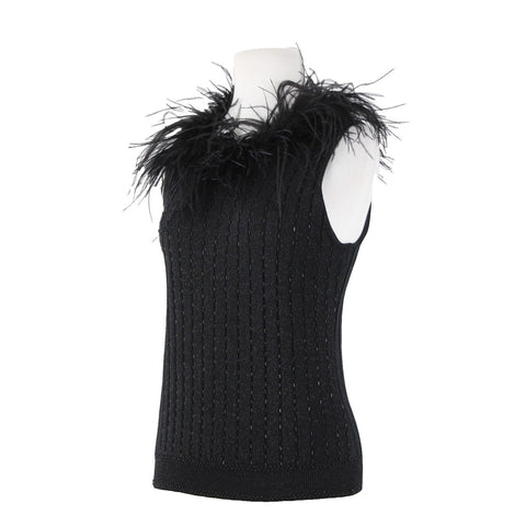 Belldini Sz L Black Beaded Removable Feathers Ribbed Silk Lurex AS IS Top