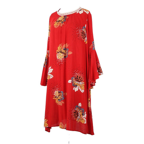 Stevie Hender Sz 8 Red Cream Multi Floral Bell Sleeve A Line 100% Rayon Dress