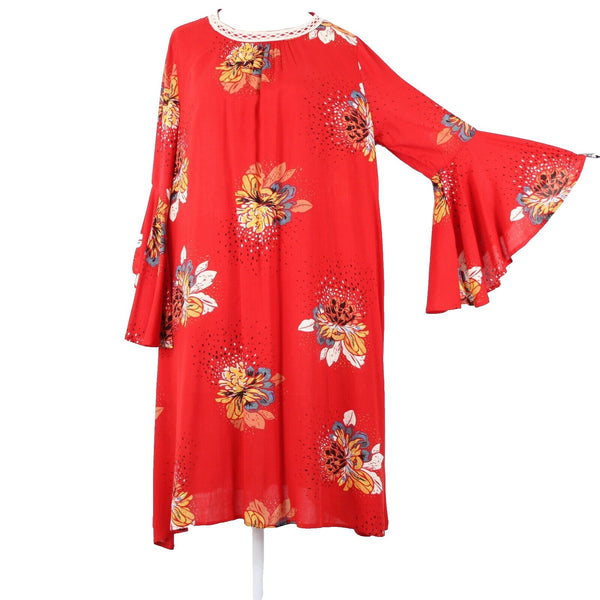 Stevie Hender Sz 8 Red Cream Multi Floral Bell Sleeve A Line 100% Rayon Dress