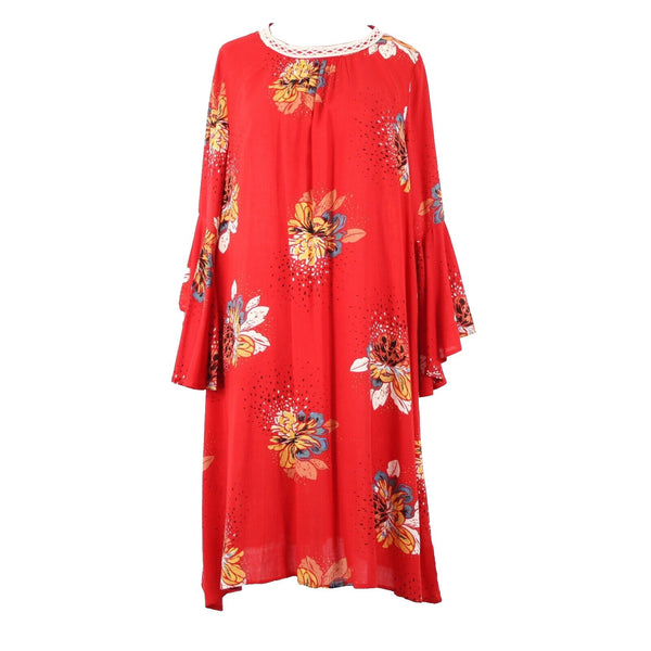 Stevie Hender Sz 8 Red Cream Multi Floral Bell Sleeve A Line 100% Rayon Dress