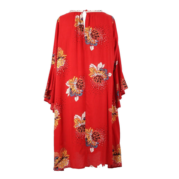 Stevie Hender Sz 8 Red Cream Multi Floral Bell Sleeve A Line 100% Rayon Dress