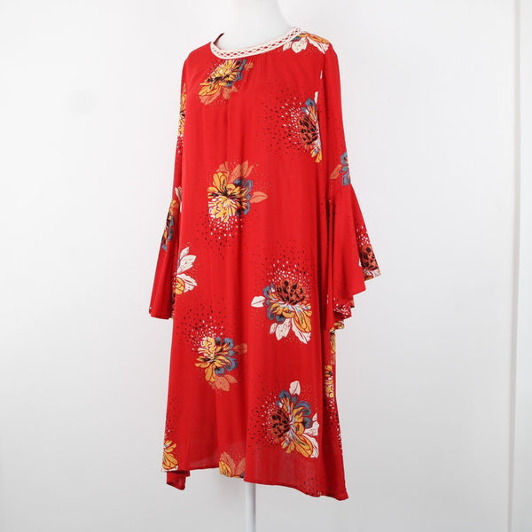 Stevie Hender Sz 8 Red Cream Multi Floral Bell Sleeve A Line 100% Rayon Dress