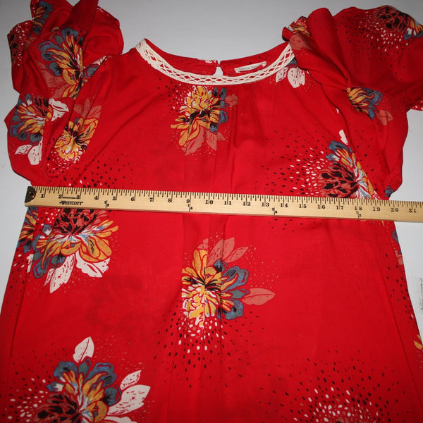 Stevie Hender Sz 8 Red Cream Multi Floral Bell Sleeve A Line 100% Rayon Dress