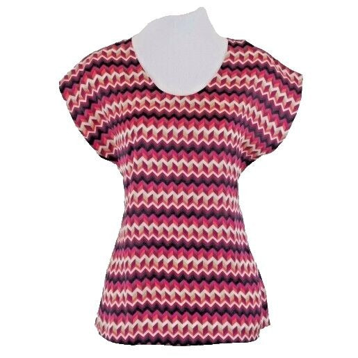 Worthington NEW Sz XS Magenta Black Tan Peach Cream Coral Chevron Print Top