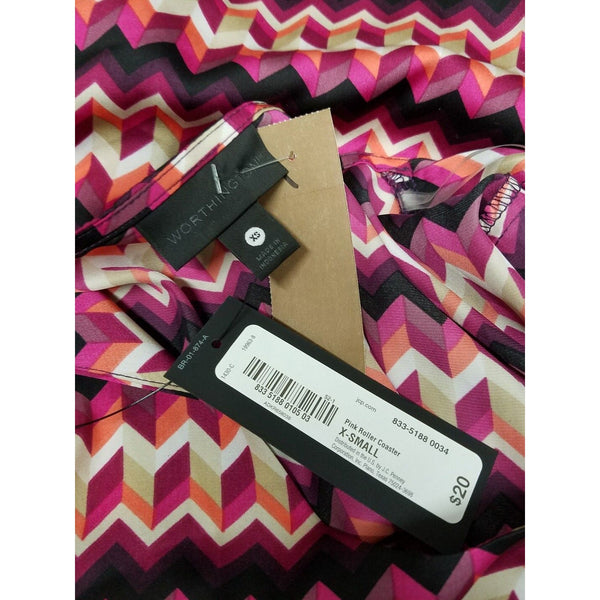 Worthington NEW Sz XS Magenta Black Tan Peach Cream Coral Chevron Print Top