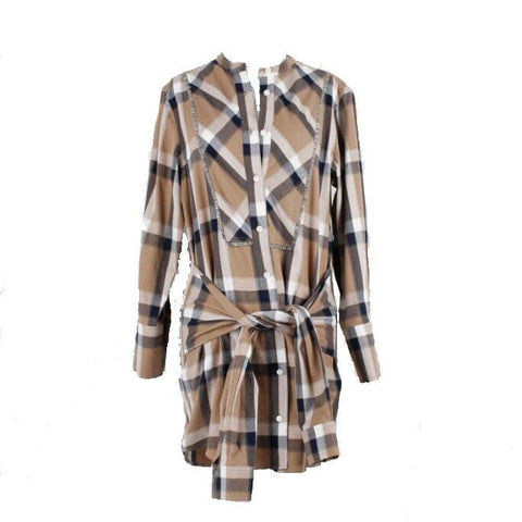 Derek Lam NEW Crosby Sz SP Camel Ivory Navy Plaid Wrap 100% Cotton Dress