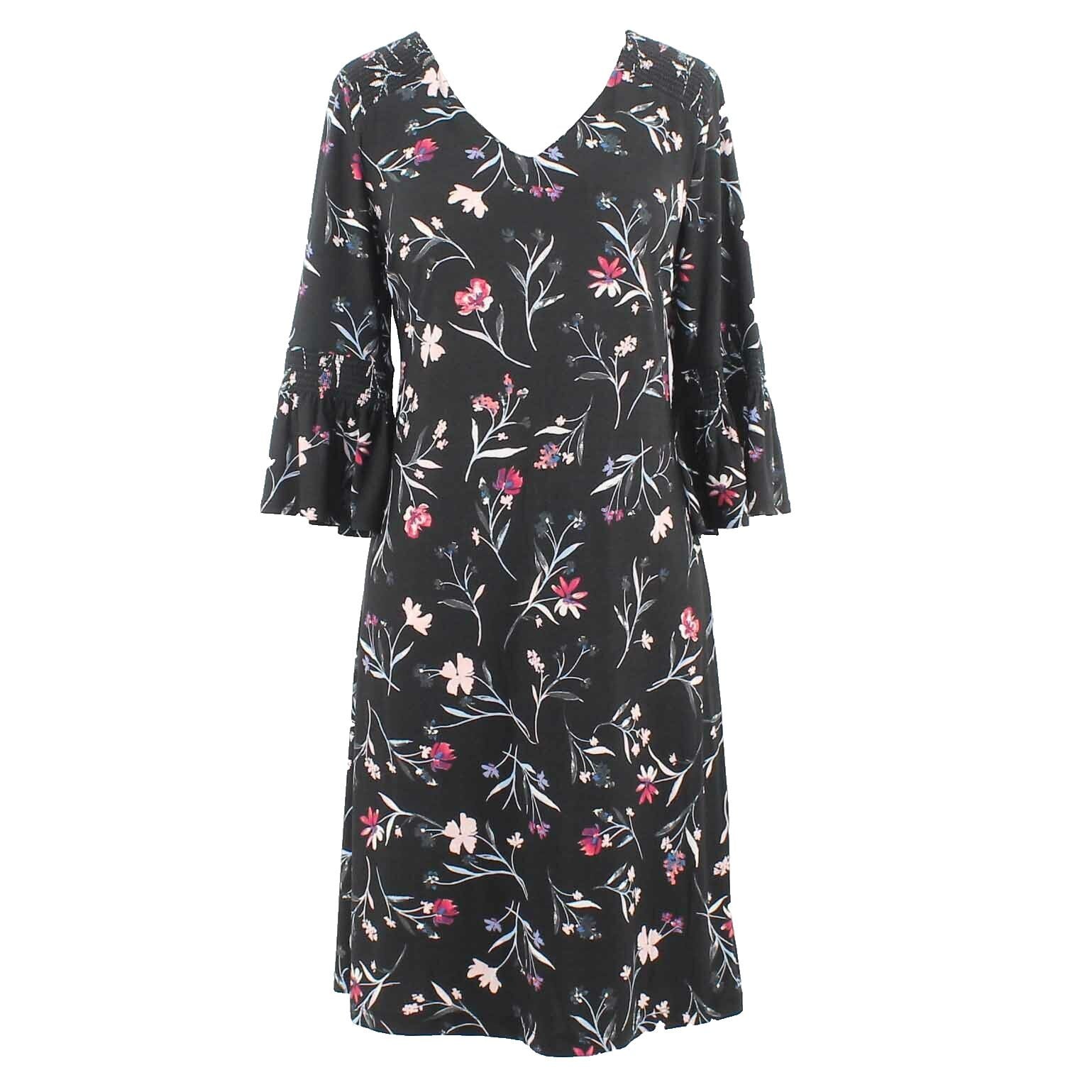 Roz & Ali Sz S Black Multi Smocked Ruffle Sleeve V Neck Poly Blend Dress