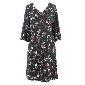 Roz & Ali Sz S Black Multi Smocked Ruffle Sleeve V Neck Poly Blend Dress