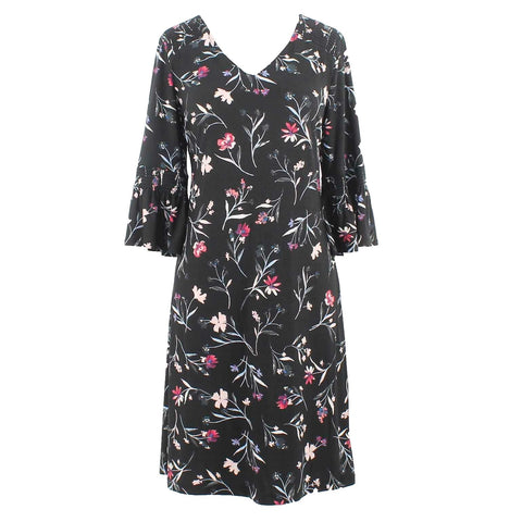Roz & Ali Sz S Black Multi Smocked Ruffle Sleeve V Neck Poly Blend Dress