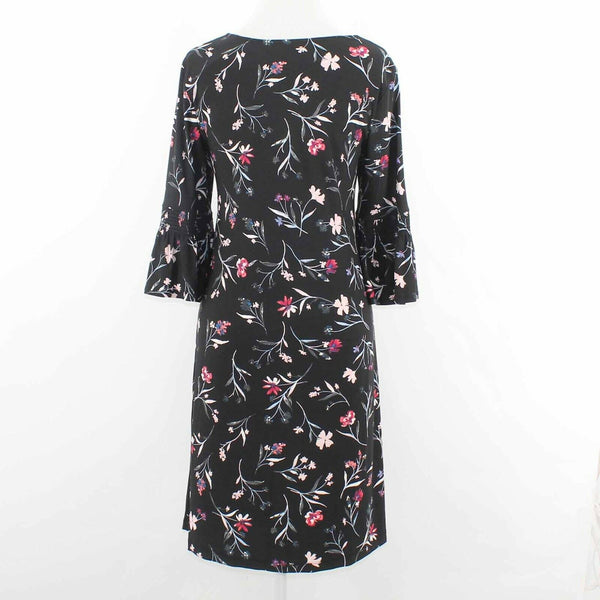 Roz & Ali Sz S Black Multi Smocked Ruffle Sleeve V Neck Poly Blend Dress