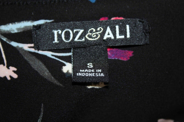 Roz & Ali Sz S Black Multi Smocked Ruffle Sleeve V Neck Poly Blend Dress