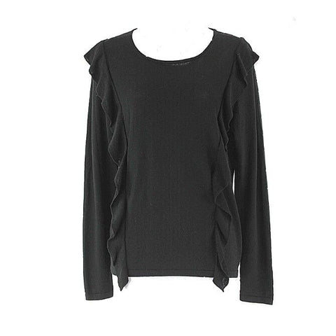 LOFT NEW Sz M Black Vertical Ruffle Front 100% Cotton Boho Knit Sweater Top