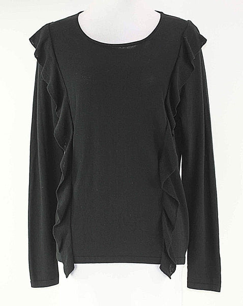 LOFT NEW Sz M Black Vertical Ruffle Front 100% Cotton Boho Knit Sweater Top