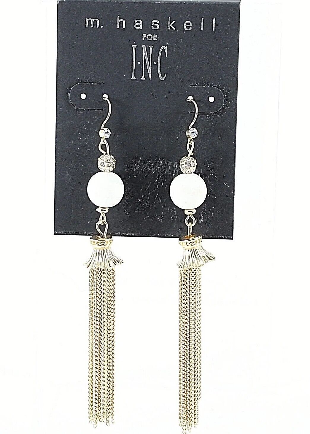 INC by M. Haskell NEW $27 Goldtone Chain Tassel White Ball Rhi Earring