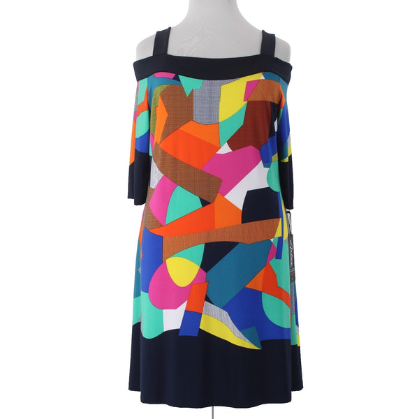 Artex Fashions Dress $135 Sz XL Navy Blue Multi Colored Cold Shoulder Poly Dress
