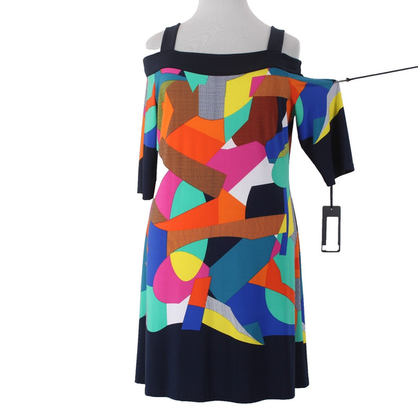 Artex Fashions Dress $135 Sz XL Navy Blue Multi Colored Cold Shoulder Poly Dress