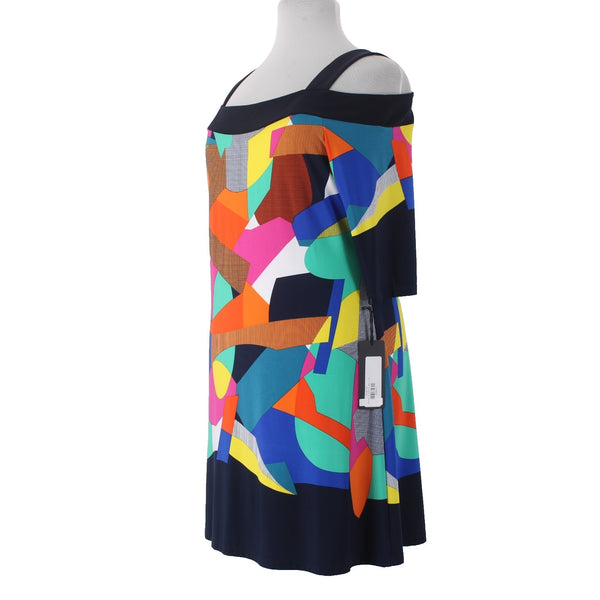 Artex Fashions Dress $135 Sz XL Navy Blue Multi Colored Cold Shoulder Poly Dress