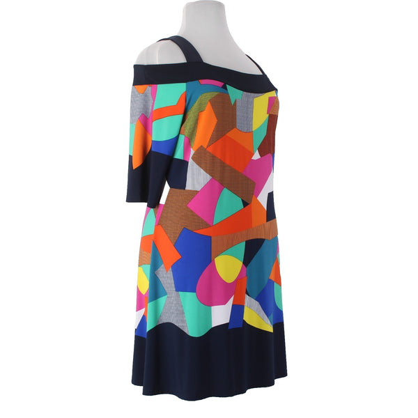 Artex Fashions Dress $135 Sz XL Navy Blue Multi Colored Cold Shoulder Poly Dress