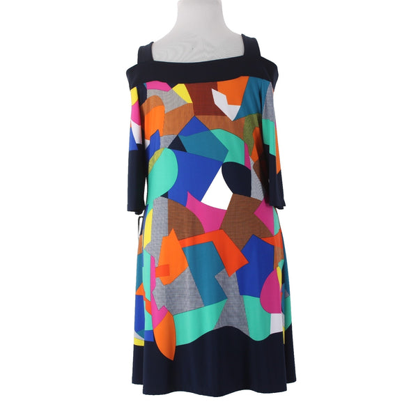 Artex Fashions Dress $135 Sz XL Navy Blue Multi Colored Cold Shoulder Poly Dress