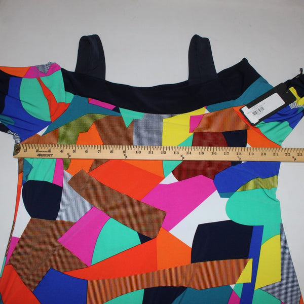 Artex Fashions Dress $135 Sz XL Navy Blue Multi Colored Cold Shoulder Poly Dress