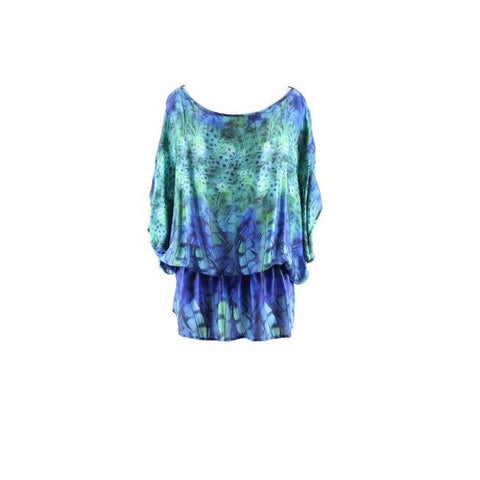 LUXE Lisa Vogel Sz XS Green Blue 100% Silk Peacock Elastic Dolman Tunic Top
