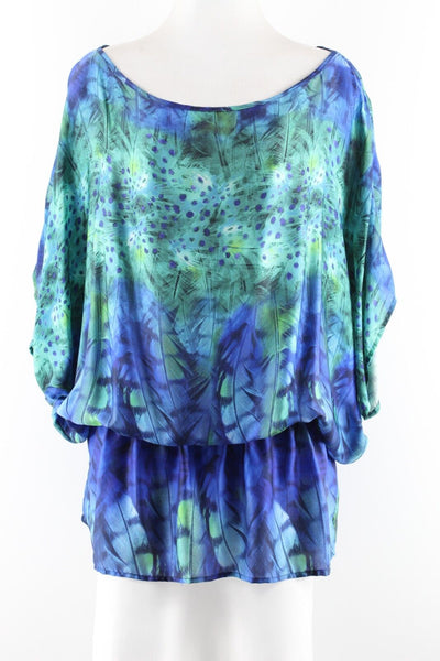 LUXE Lisa Vogel Sz XS Green Blue 100% Silk Peacock Elastic Dolman Tunic Top