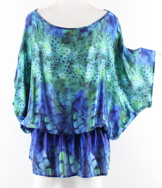 LUXE Lisa Vogel Sz XS Green Blue 100% Silk Peacock Elastic Dolman Tunic Top