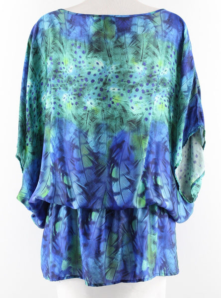 LUXE Lisa Vogel Sz XS Green Blue 100% Silk Peacock Elastic Dolman Tunic Top