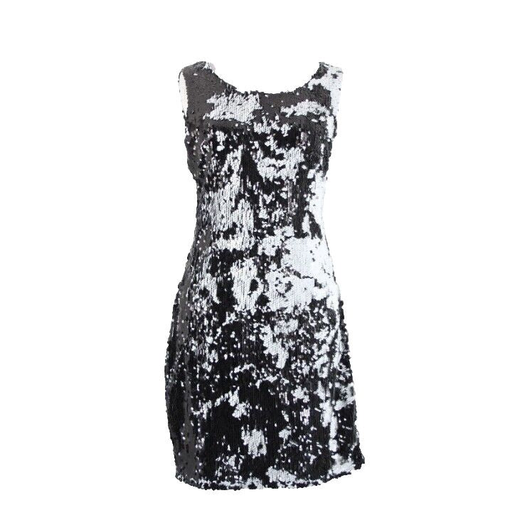 Adore Sz L Black White Sequin Lined Sleeveless 100% Polyester Dress