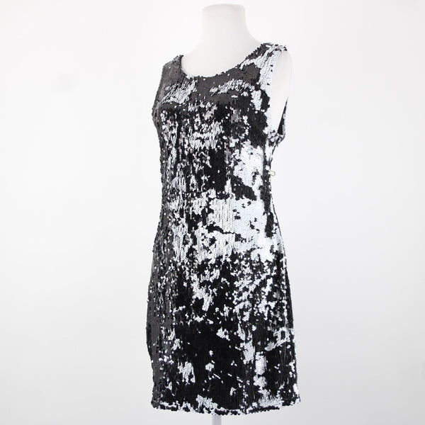 Adore Sz L Black White Sequin Lined Sleeveless 100% Polyester Dress