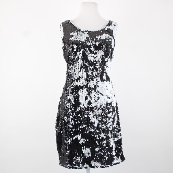 Adore Sz L Black White Sequin Lined Sleeveless 100% Polyester Dress