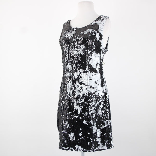 Adore Sz L Black White Sequin Lined Sleeveless 100% Polyester Dress
