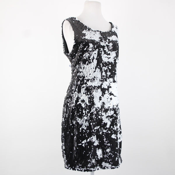 Adore Sz L Black White Sequin Lined Sleeveless 100% Polyester Dress