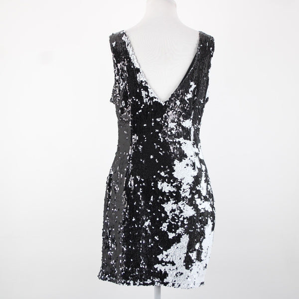 Adore Sz L Black White Sequin Lined Sleeveless 100% Polyester Dress