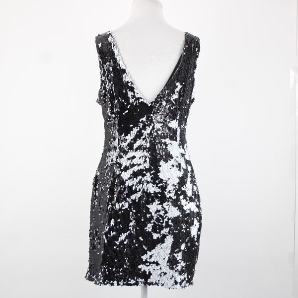 Adore Sz L Black White Sequin Lined Sleeveless 100% Polyester Dress