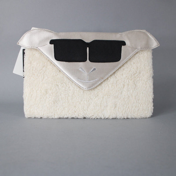 BCBG Maxazria NEW 11 x 8 x1 White Black Faux Fur Acrylic Poly Sheep Clutch Purse