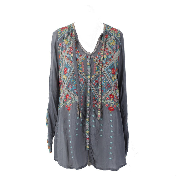 Johnny Was Top Sz S Gray Red Multi Colored Embroidered 100% Poly Top