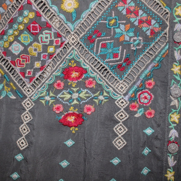 Johnny Was Top Sz S Gray Red Multi Colored Embroidered 100% Poly Top