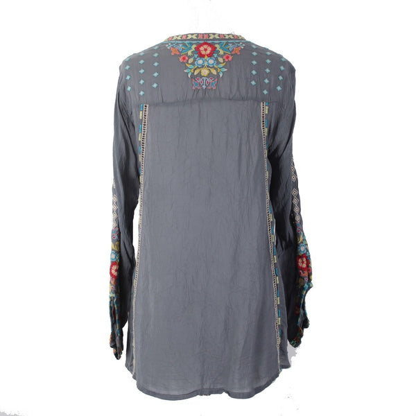 Johnny Was Top Sz S Gray Red Multi Colored Embroidered 100% Poly Top