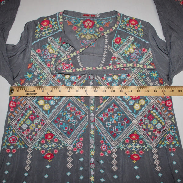 Johnny Was Top Sz S Gray Red Multi Colored Embroidered 100% Poly Top